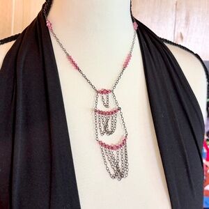 Vintage Silver Chain and Pink Bead Tiered Necklace 90s 2000s